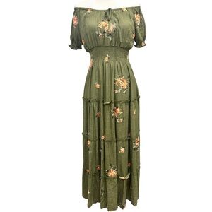 Anthropologie Kindred Tiered Maxi Dress Milkmaid Boho Smocked Green Size 1X